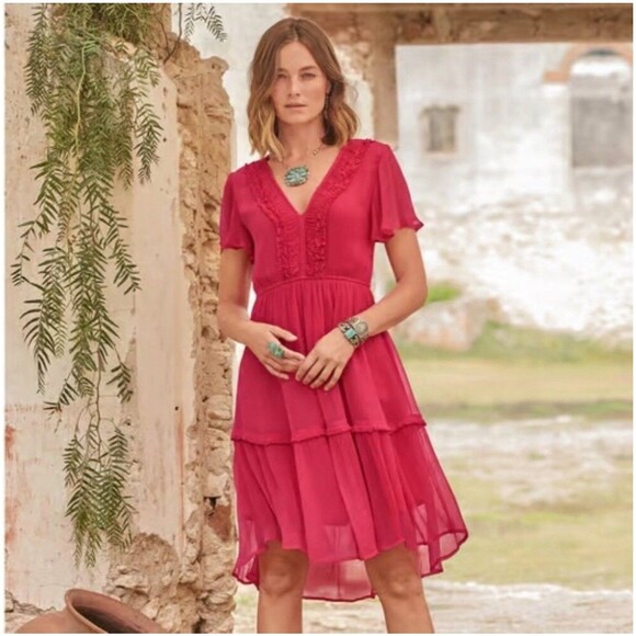 Sundance Med Monaco Meetup Pink V-Neck Ruffle Tiered Lined Dress XXL Barbiecore - Picture 1 of 12